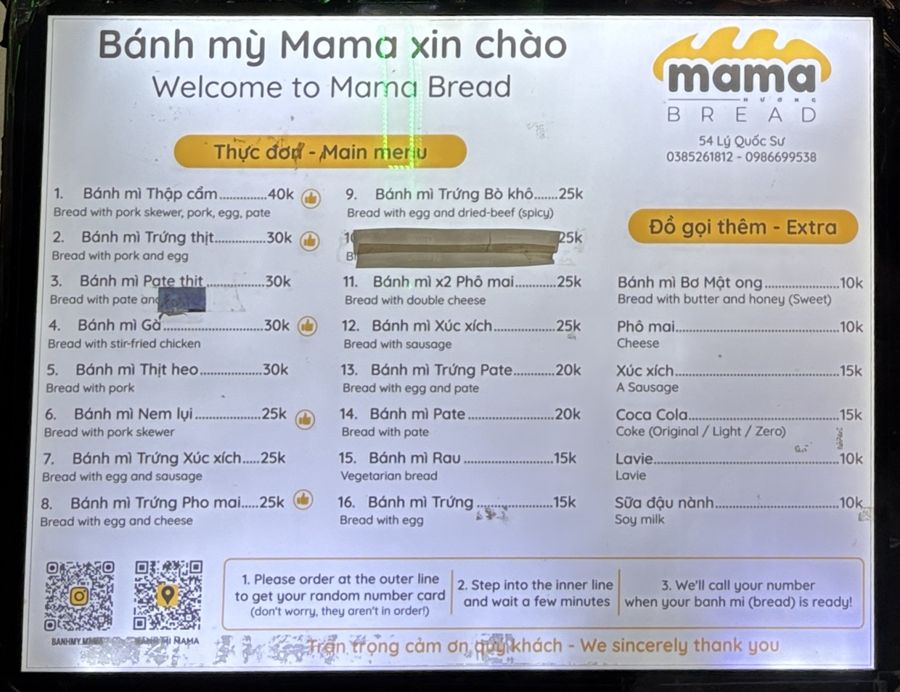 Banh Mi Mama menu board in English and Vietnamese